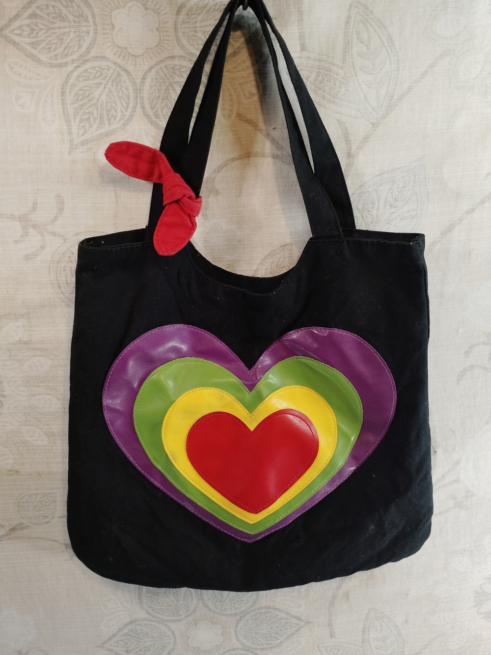 Black Canvas Tote with Faux Leather Multicolor Heart Appliqué